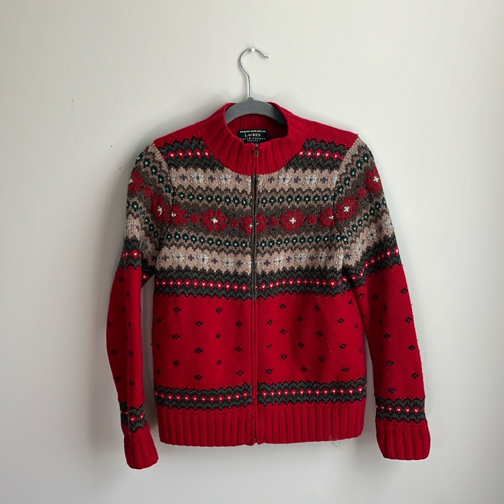 Lauren Ralph Lauren Hand Knit Nordic Fair Isle Zip Up Lambswool Sweater Vintage